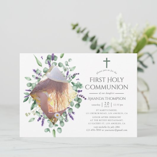 Eukalyptus Lavender Erste Heilige Kommune Einladung (Stehend Vorderseite)