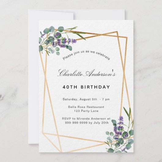 Eukalyptus lavender geometrischen Luxus Geburtstag Einladung (Vorderseite)