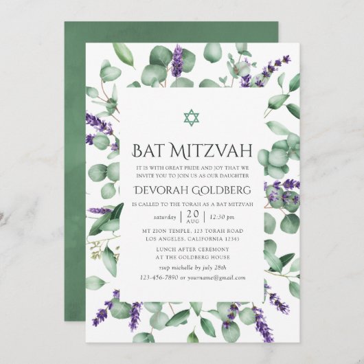 Eukalyptus Lavender Greenery Bat Mitzvah Einladung (Vorne/Hinten)