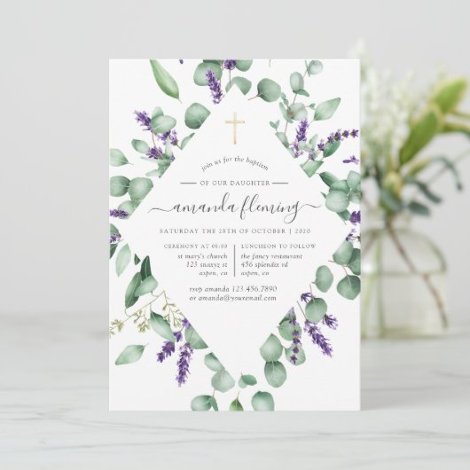 Eukalyptus Lavender Greenery Taufe/Christening Einladung (Stehend Vorderseite)