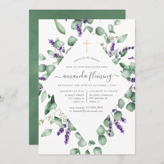 Eukalyptus Lavender Greenery Taufe/Christening Einladung (Vorne/Hinten)