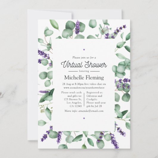 Eukalyptus Lavender Greenery Virtual Duwer Einladung (Vorderseite)