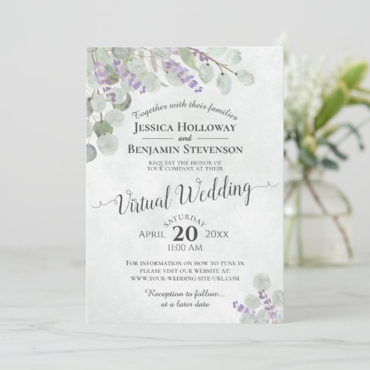 Eukalyptus Lavender & Greenery Virtual Wedding Einladung (Stehend Vorderseite)