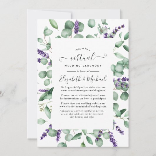 Eukalyptus Lavender Greenery Virtual Wedding Einladung (Vorderseite)