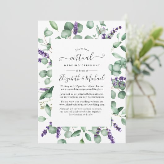 Eukalyptus Lavender Greenery Virtual Wedding Einladung (Stehend Vorderseite)