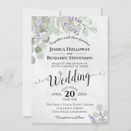 Eukalyptus Lavender & Greenery Wedding Einladung (Vorderseite)