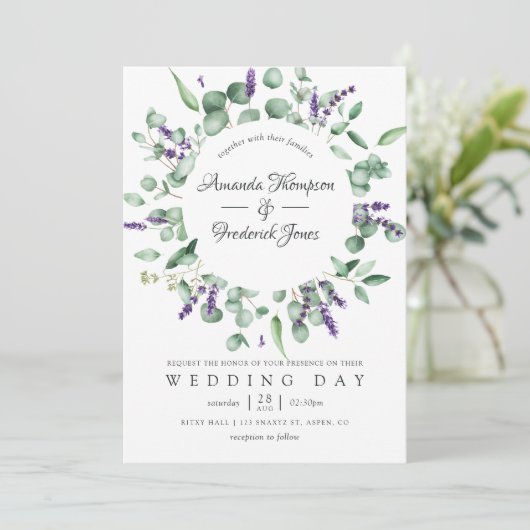 Eukalyptus Lavender Greenery Wedding Einladung (Stehend Vorderseite)