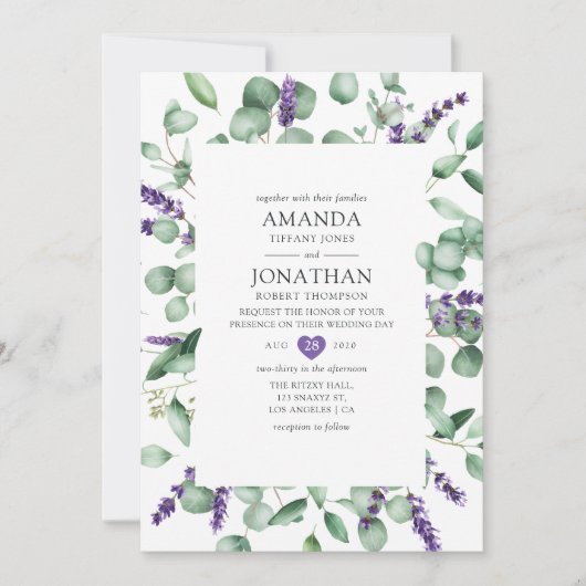 Eukalyptus Lavender Greenery Wedding Einladung (Vorderseite)