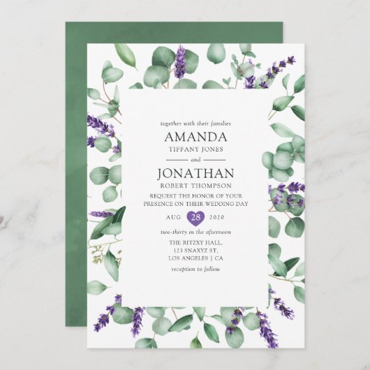 Eukalyptus Lavender Greenery Wedding Einladung (Vorne/Hinten)