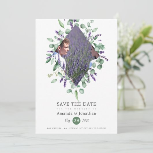 Eukalyptus Lavender Greenery Wedding Save The Date (Stehend Vorderseite)