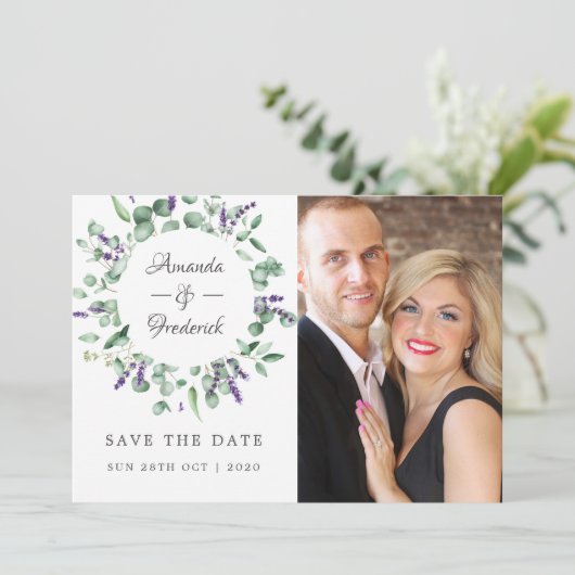 Eukalyptus Lavender Greenery Wedding Save The Date (Stehend Vorderseite)