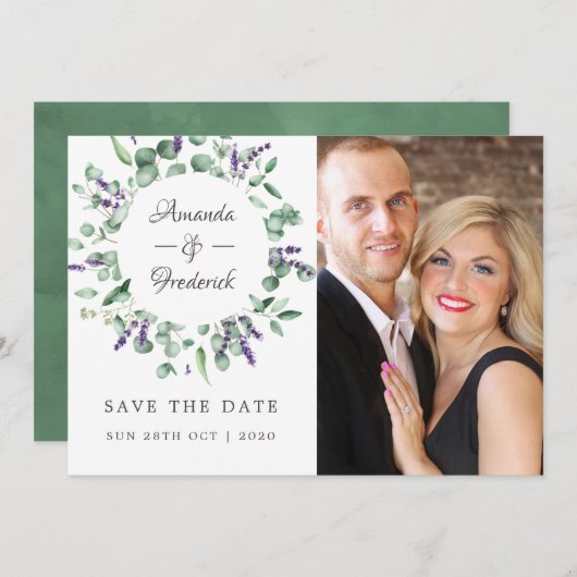Eukalyptus Lavender Greenery Wedding Save The Date (Vorne/Hinten)