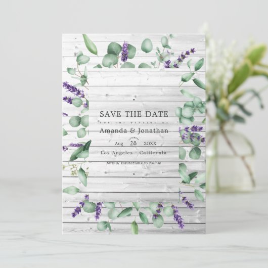 Eukalyptus Lavender Rustic Country Barding Wedding Save The Date (Stehend Vorderseite)