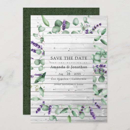 Eukalyptus Lavender Rustic Country Barding Wedding Save The Date (Vorne/Hinten)
