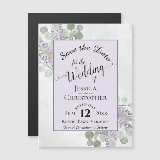 Eukalyptus & Lavender Rustikal Save the Date Lila Magneteinladung (Vorne/Hinten)