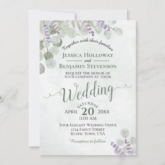 Eukalyptus Lavender Sage Green & Lila Wedding Einladung (Vorderseite)