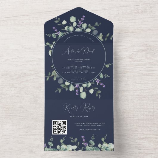 Eukalyptus Lavender Script QR Code Frühjahrsszensi All In One Einladung (Innen Boden)