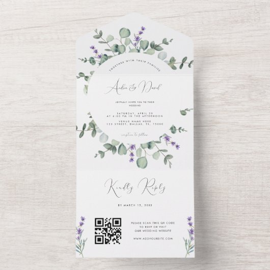 Eukalyptus Lavender Script QR Code Frühjahrsszensi All In One Einladung (Innen Boden)