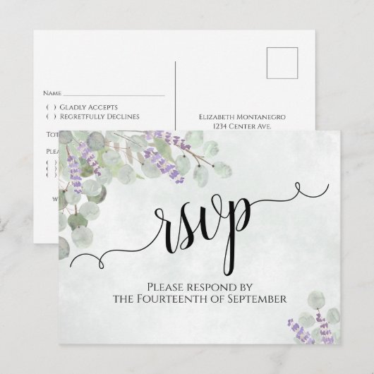 Eukalyptus & Lavender Wedding RSVP Postkarte (Vorne/Hinten)