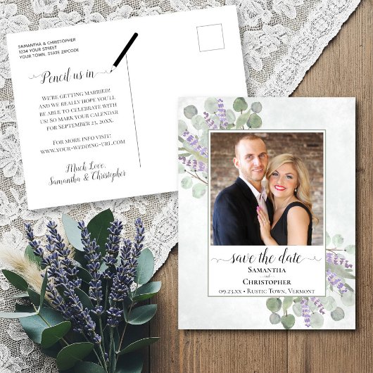 Eukalyptus & Lavender Wedding Save the Date Foto Ankündigungspostkarte