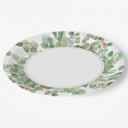 Eukalyptus Leaf Gold Glitzer Greenerity Wedding Pappteller (Schrägansicht)