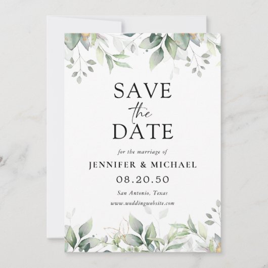 Eukalyptus Leaf Greenery Save the Date Card Einladung (Vorderseite)
