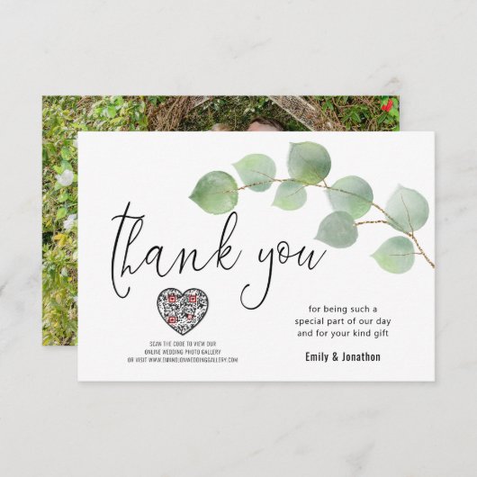 Eukalyptus Leaf Script Foto QR Code Vielen Dank Dankeskarte (Vorne/Hinten)