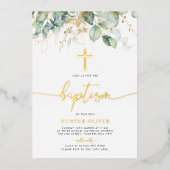 Eukalyptus Leaf Taufe Christening Foil Text Folieneinladung (Vorderseite)