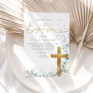 Eukalyptus Leaf und Gold Cross Taufen Einladung