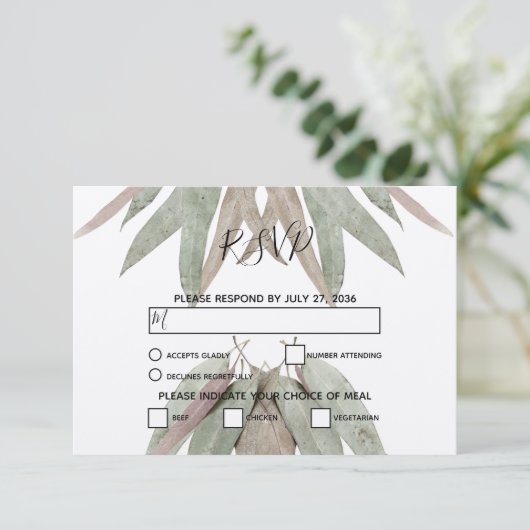 Eukalyptus Leaf Wedding RSVP Cards (Stehend Vorderseite)