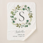 Eukalyptus Leafy Wreath Baby Monogram Birth Stats Sherpadecke (Vorderseite)