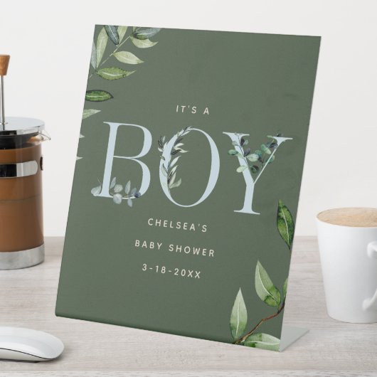 Eukalyptus Lettering Blue Boy Baby Dusche Willkomm Sockelschild (In Situ)