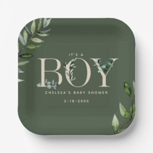 Eukalyptus Lettering Green Boy Baby Dusche Pappteller