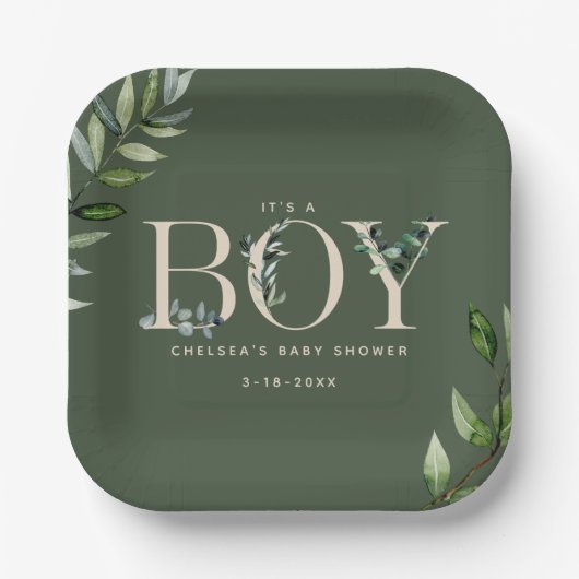 Eukalyptus Lettering Green Boy Baby Dusche Pappteller (Vorderseite)