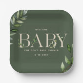 Eukalyptus Lettering grüne neutrale Babydusche Pappteller (Vorderseite)
