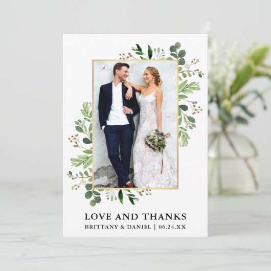 Eukalyptus-Liebe und Dank Hochzeit Dankeskarte (Stehend Vorderseite)