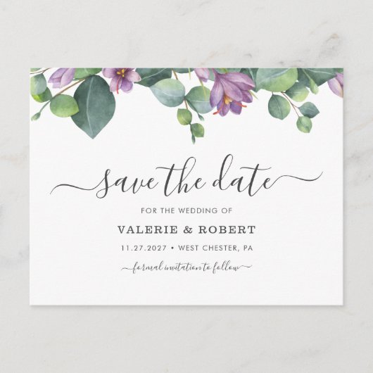 Eukalyptus Lila Blumengarten Save the Date Ankündigungspostkarte (Vorderseite)