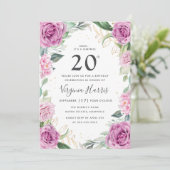 Eukalyptus Lila floral 20. Geburtstag Einladung (Stehend Vorderseite)