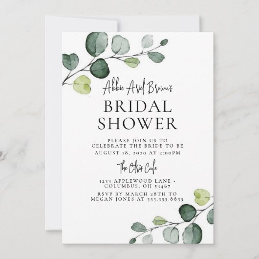 Eukalyptus Minimal Bridal Dusche Einladung (Vorderseite)