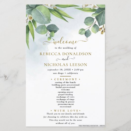 Eukalyptus-Minimal-Hochzeitsprogramm (Vorderseite)