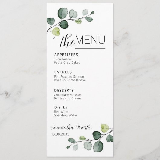 Eukalyptus Minimal Script Wedding Menu Menükarte (Vorderseite)