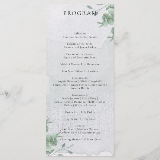 Eukalyptus minimale moderne Programm Hochzeit (Rückseite)