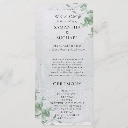 Eukalyptus minimale moderne Programm Hochzeit (Vorne/Hinten)