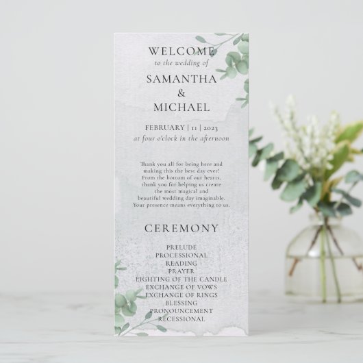 Eukalyptus minimale moderne Programm Hochzeit (Stehend Vorderseite)