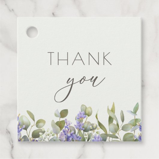 Eukalyptus mit Lavendel-Blume Hochzeit Geschenkanhänger (Vorderseite)