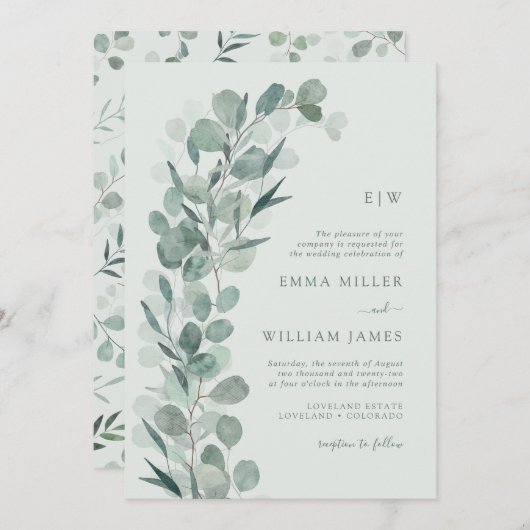 Eukalyptus Mit Monogramm Wedding Einladung (Vorne/Hinten)