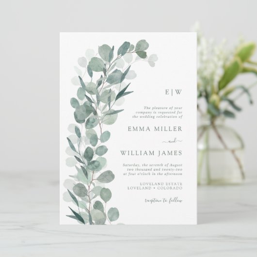 Eukalyptus Mit Monogramm Wedding Einladung (Stehend Vorderseite)