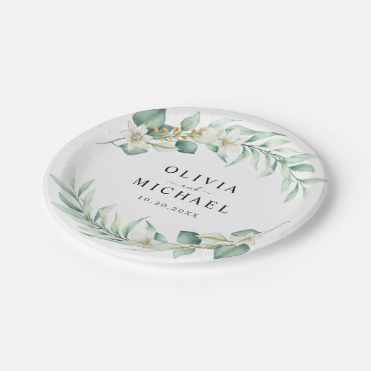 Eukalyptus Moderne Hochzeit Pappteller (Schrägansicht)