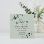 Eukalyptus Moderne Kalligrafie QR Code Sage Weddin Einladung (Stehend Vorderseite)
