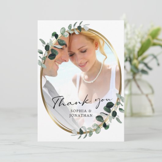 Eukalyptus Moderne Kalligrafie QR Code Wedding als Dankeskarte (Stehend Vorderseite)